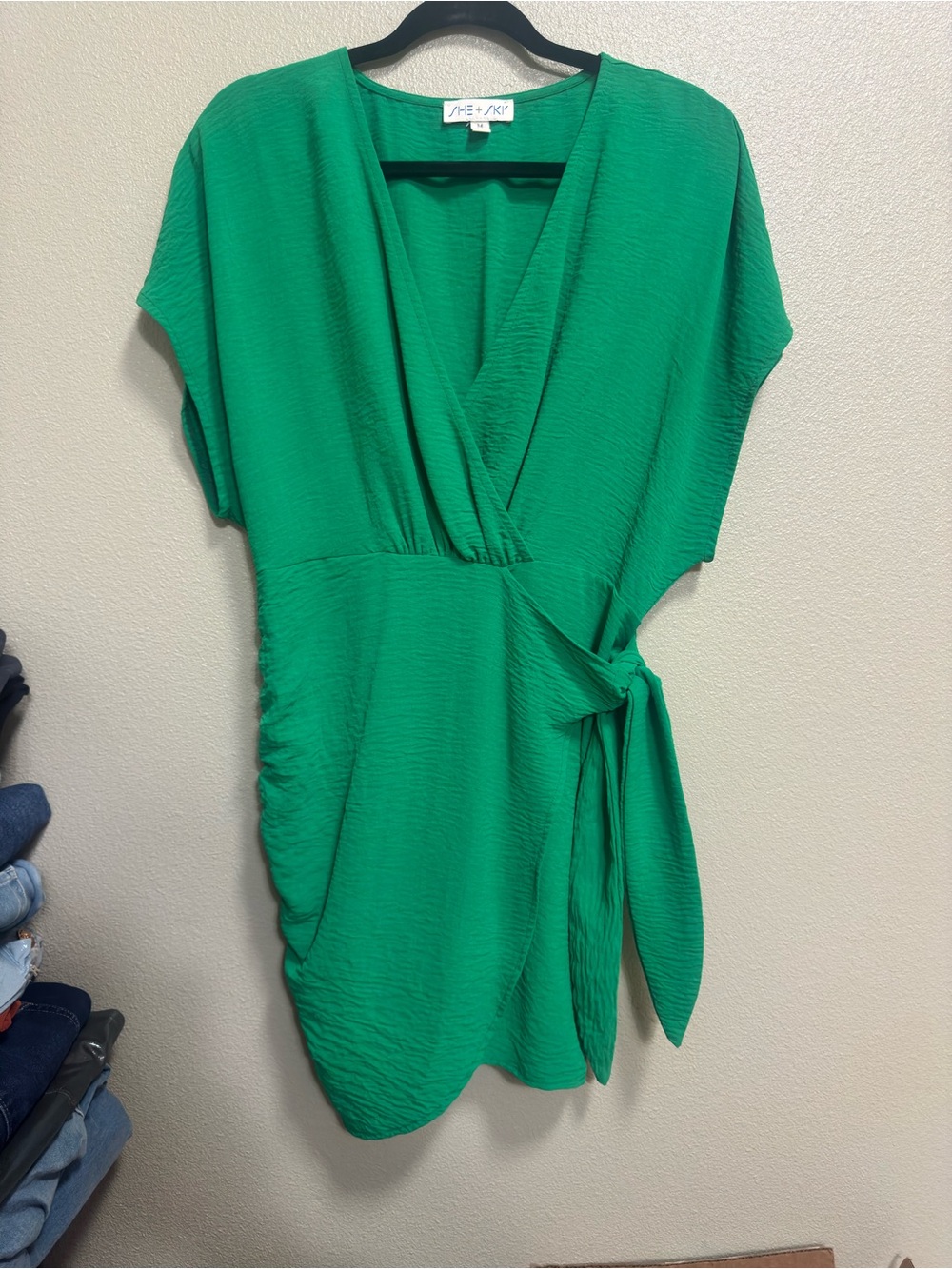 She + Sky Emerald Green Asymmetrical Wrap Dress
